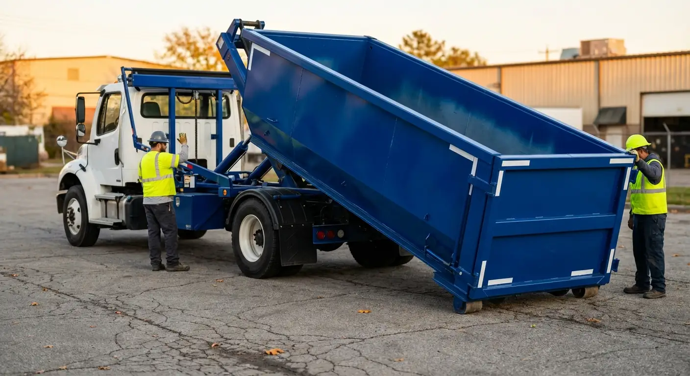 Roll-off dumpster rental truck protecting driveway surfaces in Waynesboro, GA