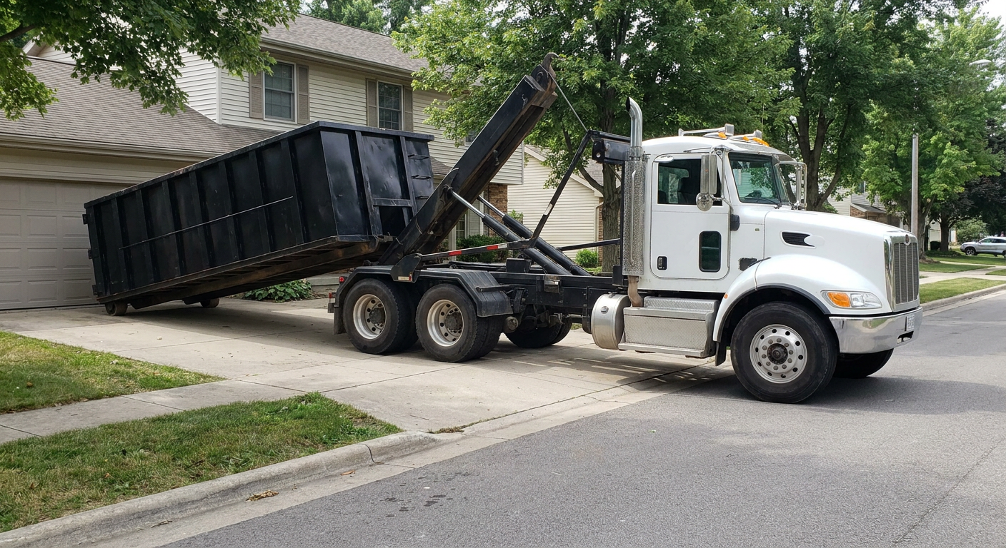 White-cab hooklift roll-off truck actively lowering a matte-black dumpster onto a Waynesboro residential concrete driveway, the dumpster's rear wheels touching the driveway as the hoist arm tilts the bed forward, mid-morning daylight.